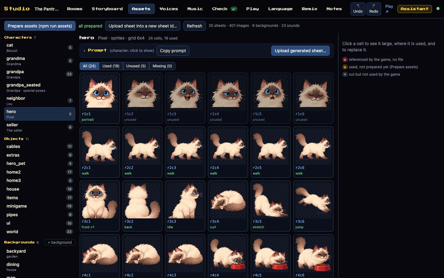 Studio, onglet Assets : la planche de sprites du héros, un chat en 24 cases, chacune étiquetée avec son usage
